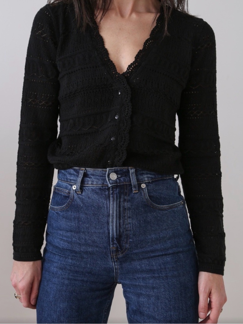 Sezane Black Cropped Lace-Trim Cardigan